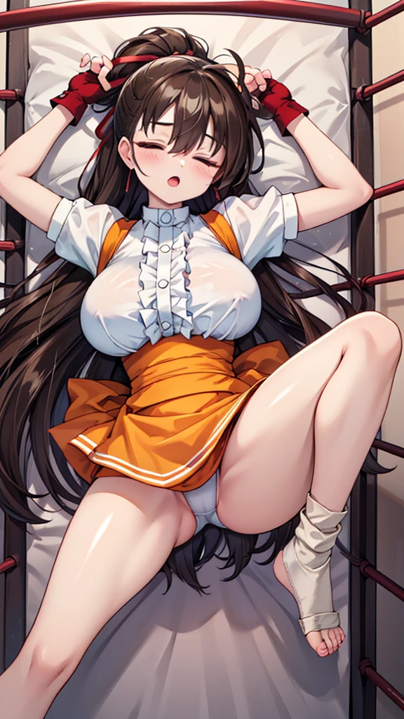 Highest quality,masterpiece,Lying down,sleep,(レスリングのリングにLying down, WWE Divas,Wrestling Arena,Wrestling ring background, Boxing ring background), 仰向けにsleep, Lack of stamina, Ryona, Hitting a girl, death is near,タケユカ 超ロングヘア ヘアribbon, Frilled shirt, Underbust, ribbon, Fingerless gloves, White gloves, Waist apron, Orange Skirt, socks, Toeless legwear,winner, Nice, winner, (Moaning , Open your mouth), ((, 仰向けにsleep, 地面にsleep, lose consciousness, Unconscious, )), , ( Tilt your head),