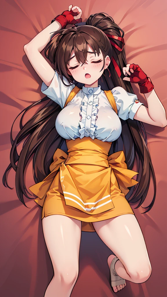 Highest quality,masterpiece,Lying down,sleep,(レスリングのリングにLying down, WWE Divas,Wrestling Arena,Wrestling ring background, Boxing ring background), 仰向けにsleep, Lack of stamina, Ryona, Hitting a girl, death is near,タケユカ 超ロングヘア ヘアribbon, Frilled shirt, Underbust, ribbon, Fingerless gloves, White gloves, Waist apron, Orange Skirt, socks, Toeless legwear,winner, Nice, winner, (Moaning , Open your mouth), ((, 仰向けにsleep, 地面にsleep, lose consciousness, Unconscious, )), , ( Tilt your head),