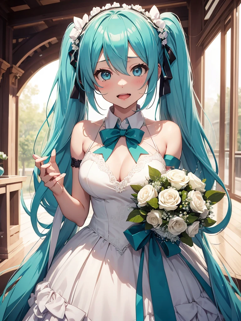 hatsune miku, very shame, very cute, wedding dress, holding a bouquet, showing the tongue, big tits