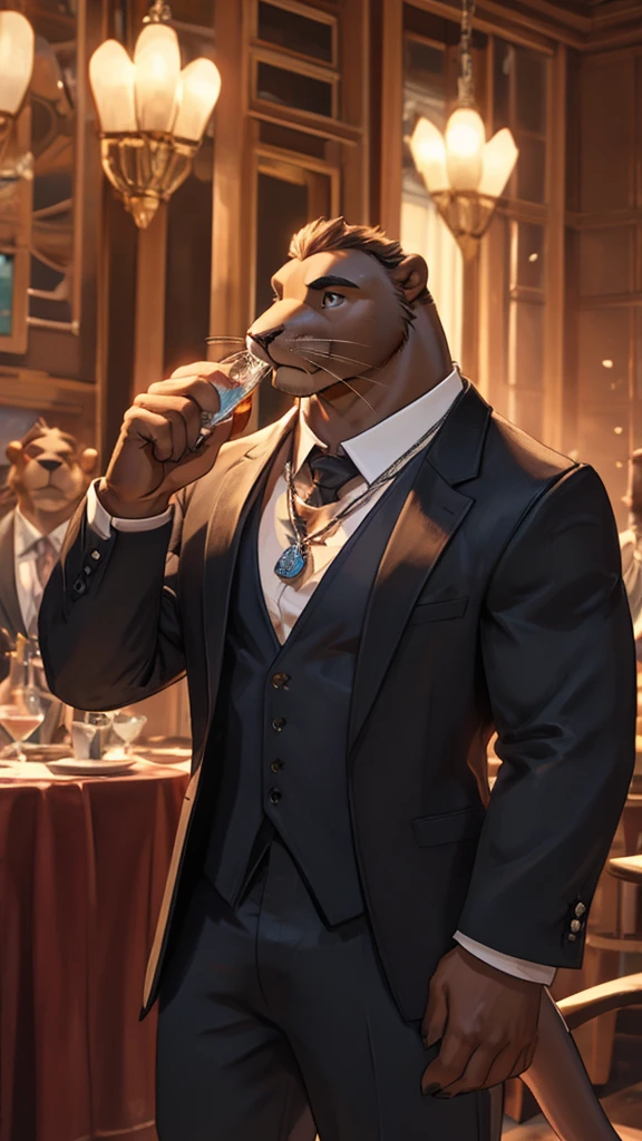 A formally dressed male furry sea lion is wearing a black shirt without a tie and jeans with a chain as decoration. he wears a necklace with a pendant and is drinking