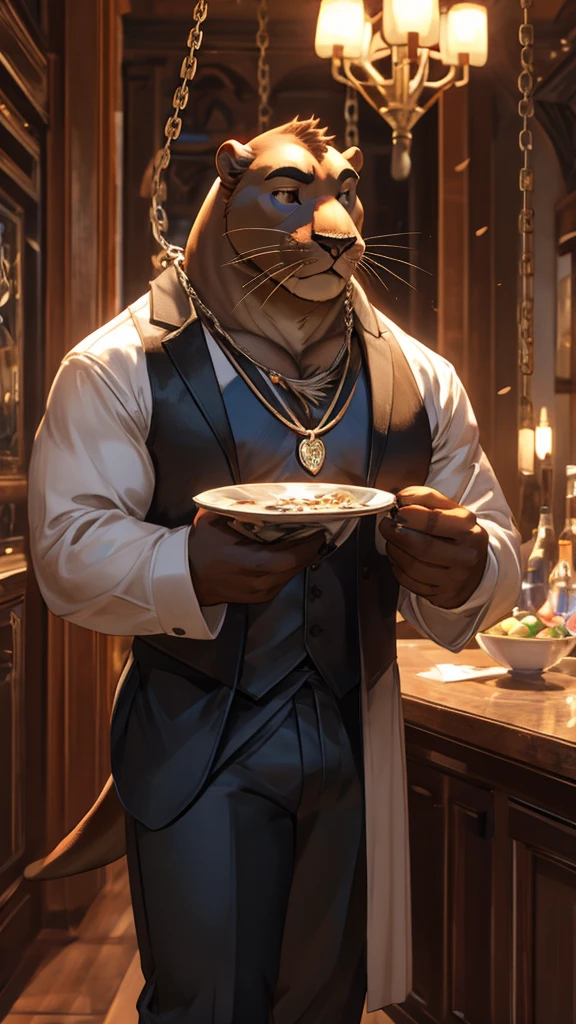 A formally dressed male furry sea lion is wearing a black shirt without a tie and jeans with a chain as decoration. he wears a necklace with a pendant and is drinking