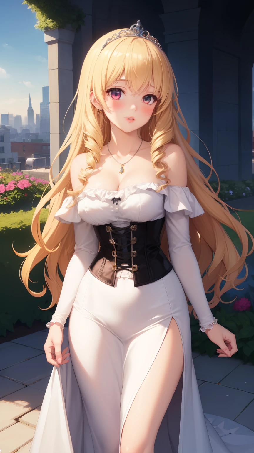 masterpiece, best quality, 1girl, very curly hair, blonde hair, shiny hair, tiara, diadem, medium breasts, glossy lips, good lighting, latifa fleuranza, lips parted, blush, standing, city, garden, corset, off the shoulder, long skirt, side slit, jewelry, necklace