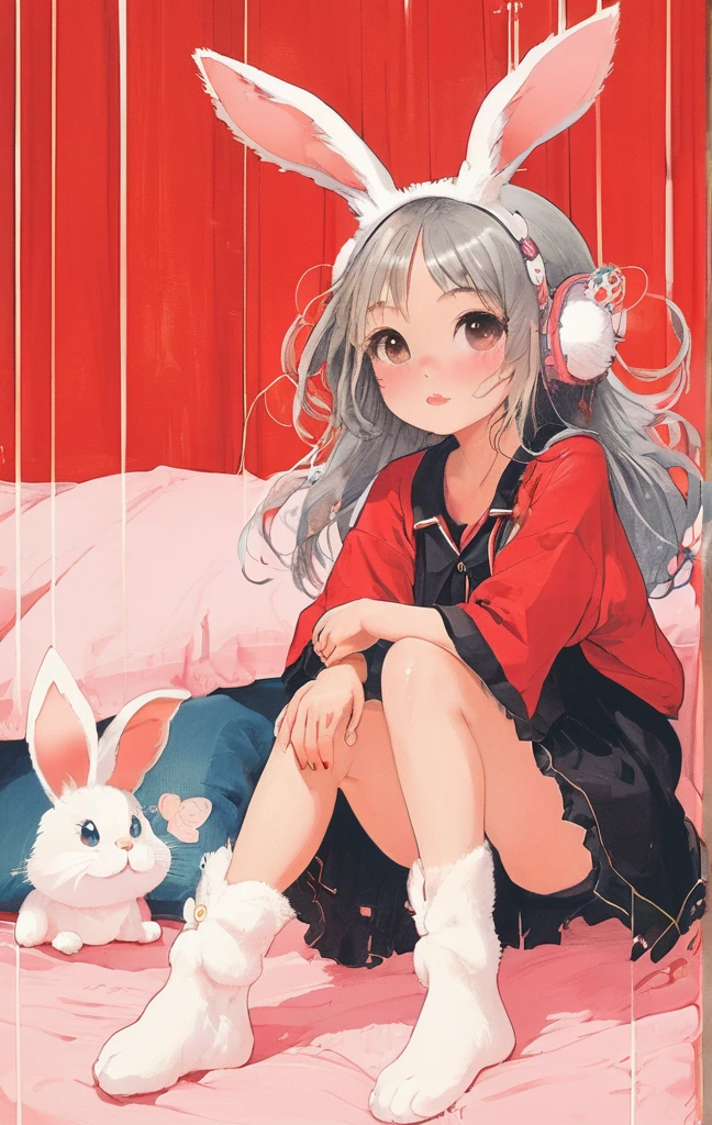 On a bright red campus"YES"Character、beautiful illustration, best quality, cute girl, bedroom, pastel color, fluffy bunny ears, , silver long hair, rabbit stuffed toy, bright lighting, light pink eyes、alone, One girl, profile,Black Bob,　profile,  The background color is solid yellow,An illustration