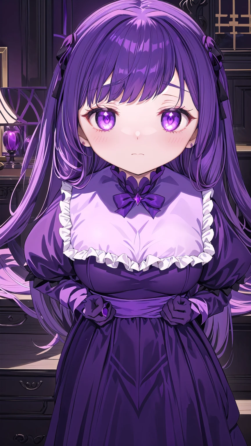 anime girl in a purple dress with a tiable and a purple dress, shalltear from overlord, shalltear bloodfallen, , wearing dark purple armor, melty, anime moe artstyle, gothic maiden anime girl, gapmoe yandere grimdark, anime style like fate/stay night, dark witch character, tired and haunted expression