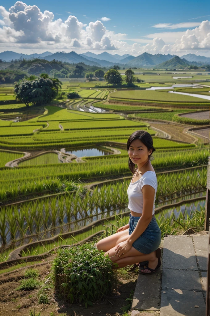 Thai Girl, pretty, White, Nude, Growing rice, In the middle of a rice field
