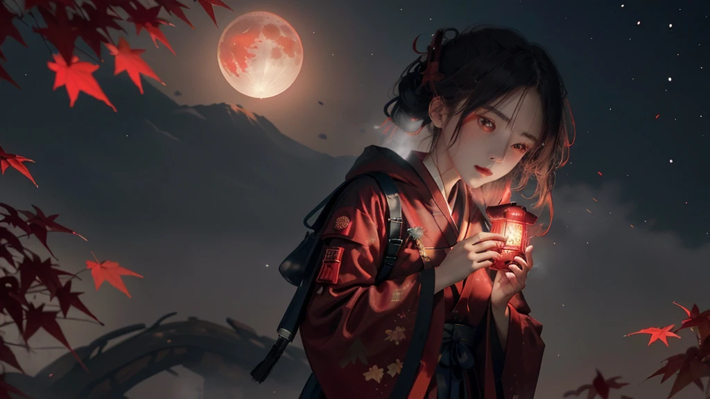 masutepiece, Best Quality,hight resolution, 1girl in, \(Red, Hanfu\), ((Moon)), Starry sky, (Lighting Particles), Fog, lantern, Autumn, Red Autumn leaves, indignant