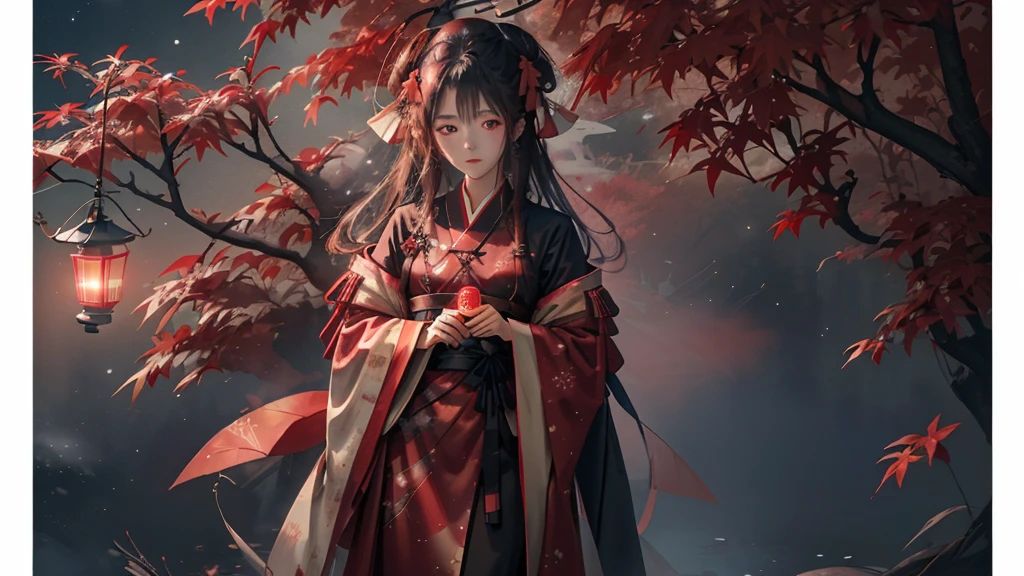 masutepiece, Best Quality,hight resolution, 1girl in, \(Red, Hanfu\), ((Moon)), Starry sky, (Lighting Particles), Fog, lantern, Autumn, Red Autumn leaves, indignant