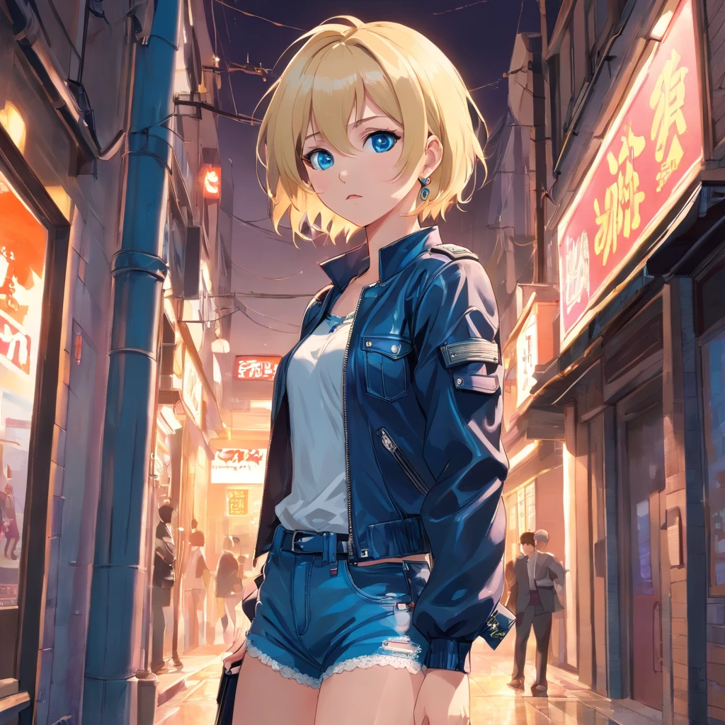 Women, ((Blonde)), ((Blue eyes)), ((Short hair)), ((Full shot)), very detailed makeup, pale pink lipstick, long earrings, wears leather jacket with lace bra and jean shorts with leather belt with big buckle and fishnet stockings and black high heels with Louboutin style heels ((wearing high heels)) ((Full Body))