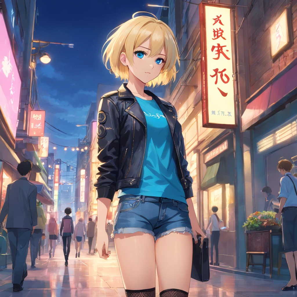  Women, ((Blonde)), ((Blue eyes)), ((Short hair)), ((Full shot)), very detailed makeup, pale pink lipstick, long earrings, wears leather jacket with lace bra and jean shorts with leather belt with big buckle and fishnet stockings and black high heels with Louboutin style heels ((wearing high heels)) ((Full Body)) 