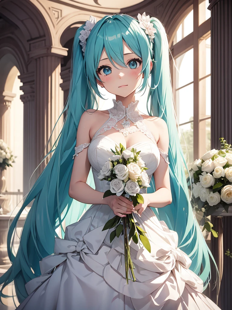 hatsune miku, very shame, very cute, wedding dress, holding a bouquet, big tits