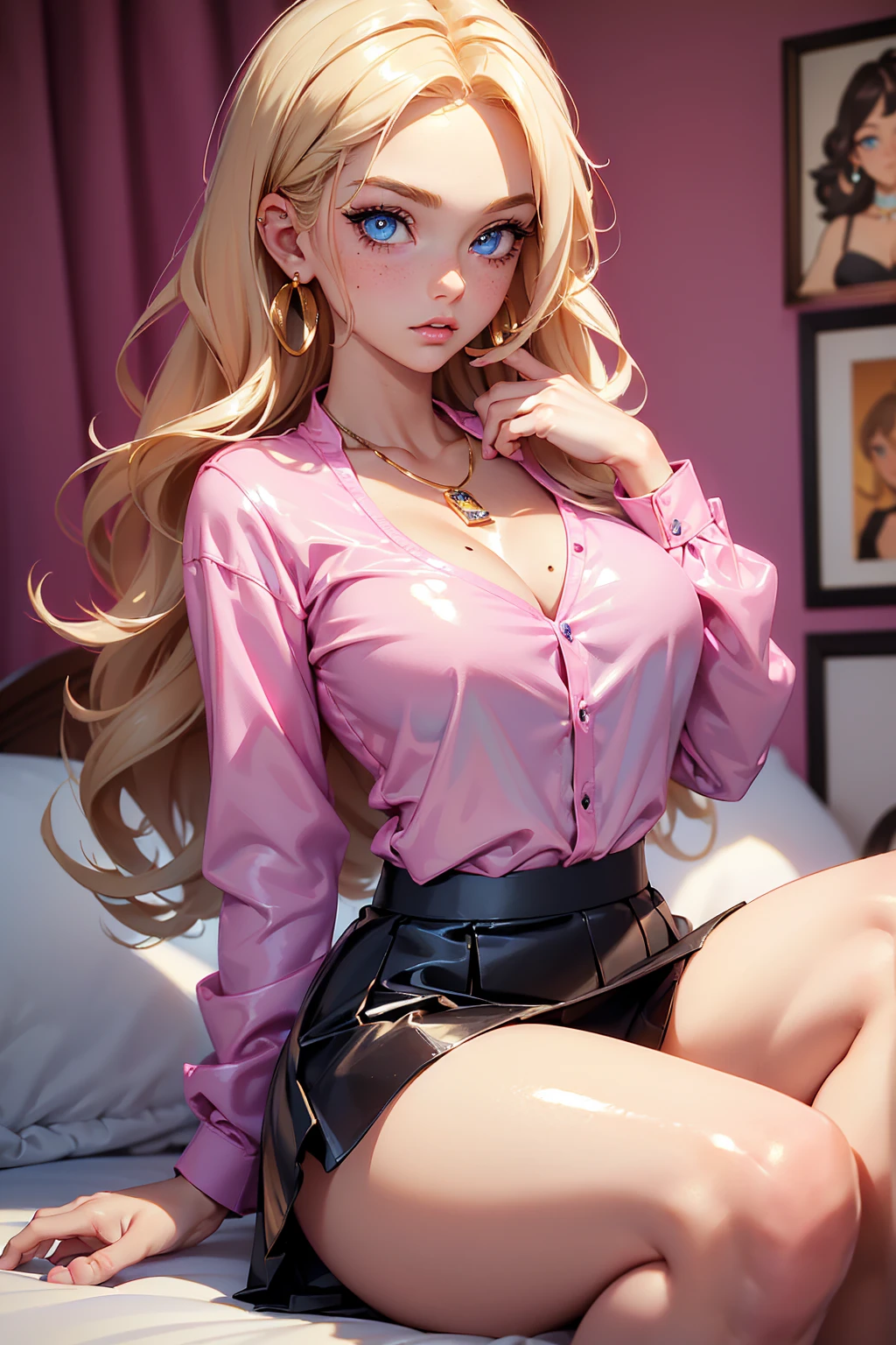 (Blonde stunning hair), (blue eyes), blue necklace, Golden earrings, Fit, Gorgeous Body, gorgeous, brown eyebrows, (two moles over lip), big pupils, (23 years old), 1girl,solo, complex skin, warm light, (large breasts), wide thighs, round butt, 5 fingers, ((blushing)), ((detailed face, best quality)), (masterpiece)), ((ultra-detailed)), (beautiful detailed eyes), ((wearing a kitty pink shirt and a short black latex skirt)), sitting on top of a pink bed, background is a pink bedroom, cleavage, ((masterpiece:1.6)),