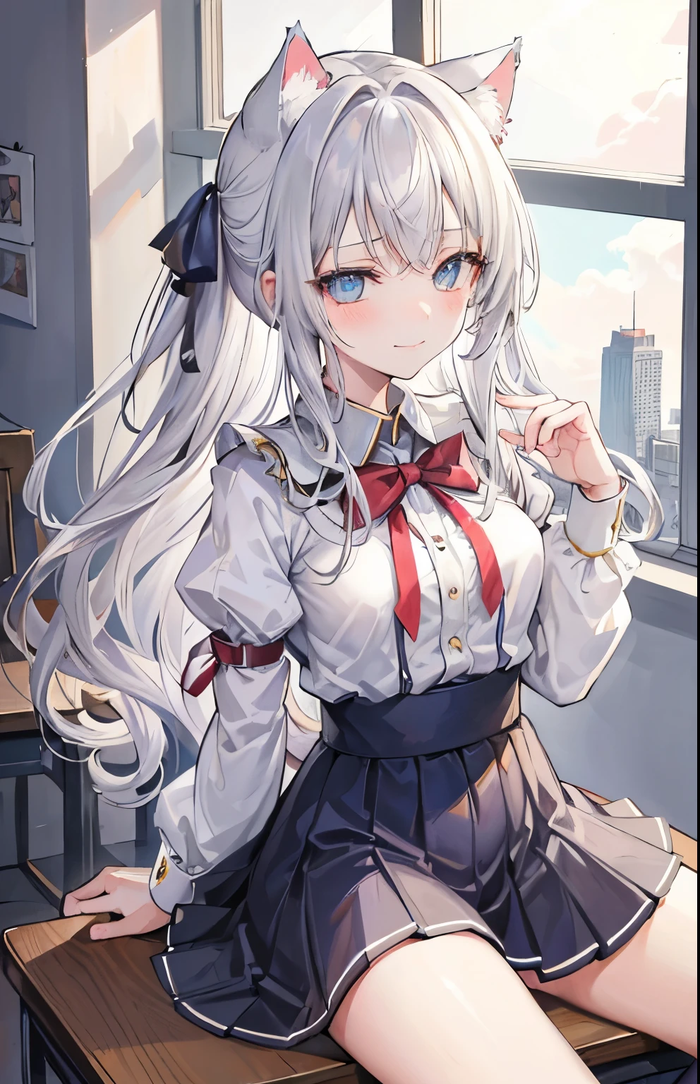 1girl,  alisa mikhailovna kujou,tokidoki bosotto roshia-go de dereru tonari no arya-san,solo, long hair, eyebrows visible through hair, hair between eyes, silver hair, hair ribbon, blue eyes,visible pupils, eyes reflexes, medium breasts, ((neko ears)), ((cat ears)) 
from behind, portrait, looking to the side, horny smile, closed mouth, lights and sunflare from the lateral rear window, 
best quality, very aesthetic, absurdres, scenery at school, extremely cute and sexy, sitted on a desk, spread legs 