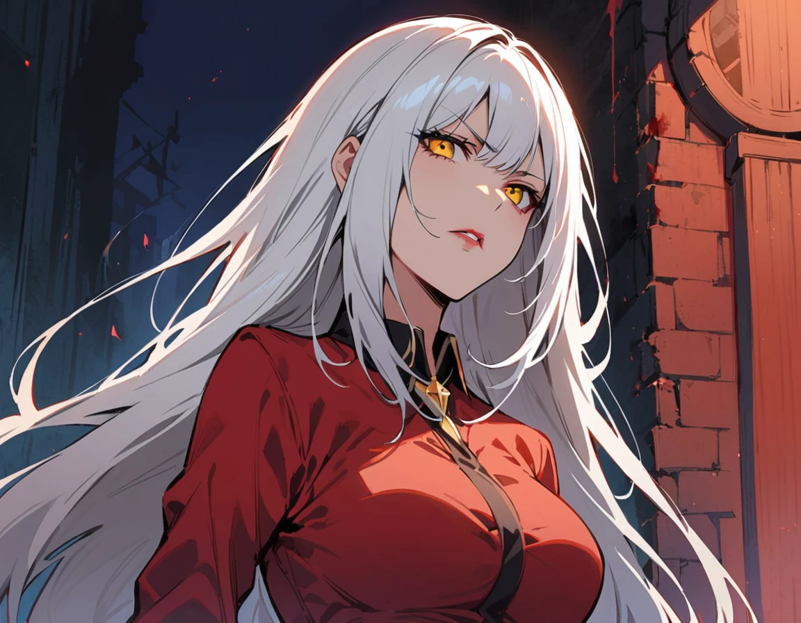 Long white hair, yellow eyes, evil, sexy, black and red clothes, cute hairstyle, evil face, evil, serious look, gloss lips, sinister, front look, bloody, gloves, (((half-body portrait))), beautiful eyes, short dress, big white, dark place, night, sensual, straight hair cut, clear skin, evil, young 30 years girl, adult girl, solo, red, very long hair, (((Older mature woman)))