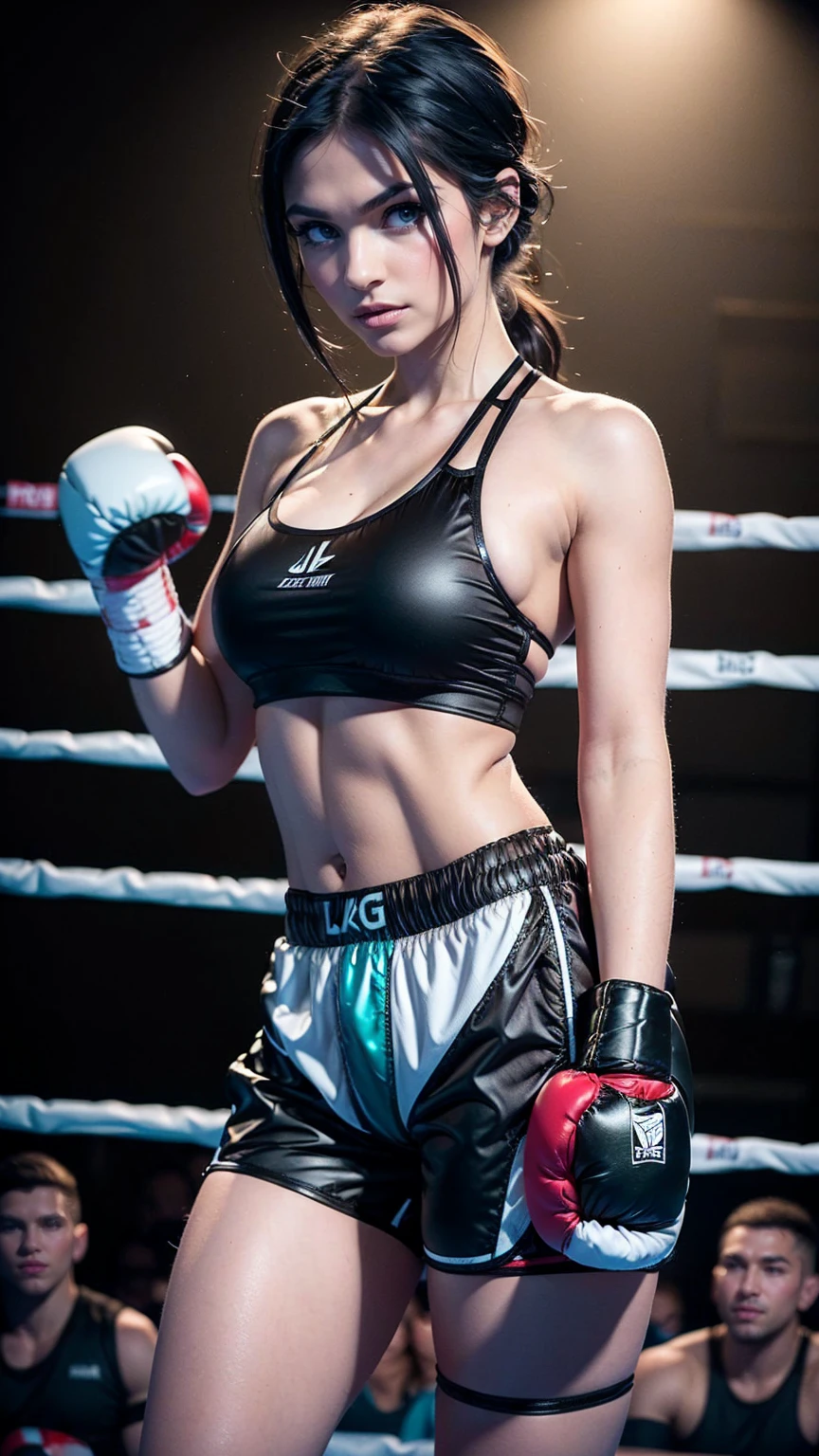 Beautiful chic Caucasian bombshell, sexy attractive face, ((black boxing shorts:1.5)), (skimpy boxing shorts:1.3)), ((boxing boots)), ((jet-black hair)), beautiful detailed green eyes, firm round breasts, big_boltedontits, boltedontits,