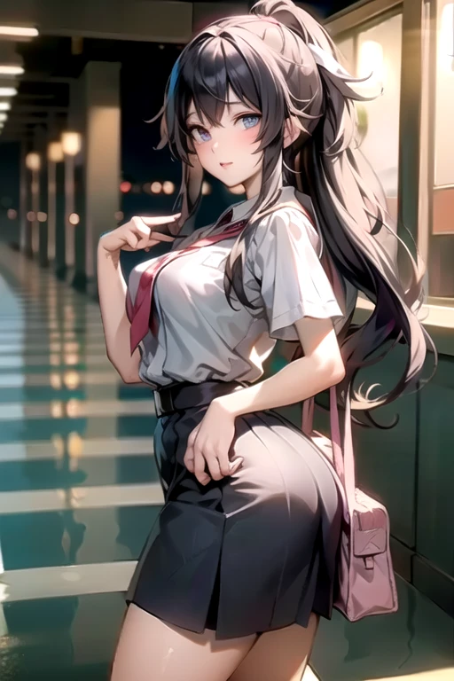 ((best quality)), ((Masterpiece)), (details:1.4), 3d, delicate big eyes,The clothes are tight.,detailsของรูม่านตาสีดำขนาดใหญ่,high school girl , long hair, Shiny skin, fine hair, ใบหน้าที่มีdetails, (beautiful scenery), school hallway, at night, Tsundere