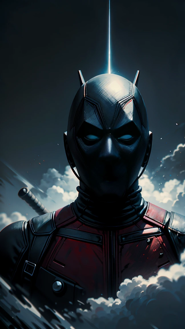 Deadpool , dark mist, caricature in Constantin Brâncuși style, Serene, Dynamic, surreal masterpiece, Cool Tones