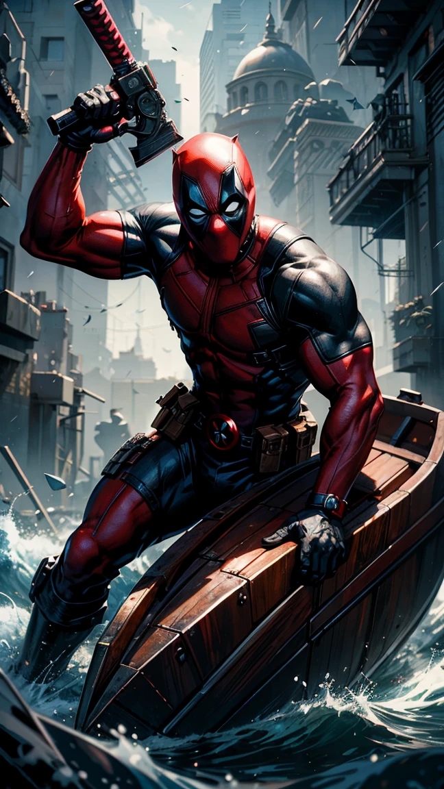 Deadpool , dark mist, caricature in Constantin Brâncuși style, Serene, Dynamic, surreal masterpiece, Cool Tones