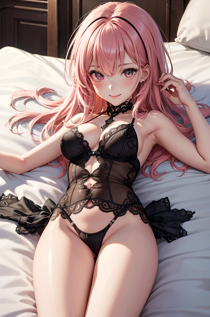 Best Quality,High resolution,8K,finelity detailed background,Masterpiece:1.2),beautiful girl,Shiny pink hair,messy hair,Pink eyes,Gentle look,A refreshing look,Best quality,Best Quality,Aesthetic and aesthetic:1.2,Best details((Super detailed))(High-definition CG illustrations),Black underwear (black,intricate lace),bodystocking,Slender body,morning,morning日,Bedroom,On the bed,smile,blush,cute,Scrounge,Looking up,Being spoiled,super model,shoot from below