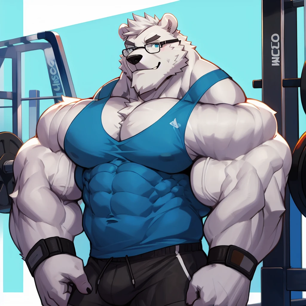 solo, 1boy, Huge Muscular White Polar Bear wearing glasses, huge white fur, pectoral, huge pectoral, wide pectoral, short white hair, blue colored short pants, blue colored wristbands and blue colored tank top, white bearded, white Mustache, white fur, simple background, masterpiece, high detailed, 8k, high resolution, at the gym, flexes huge muscles, looking at the viewer, acting all sexy