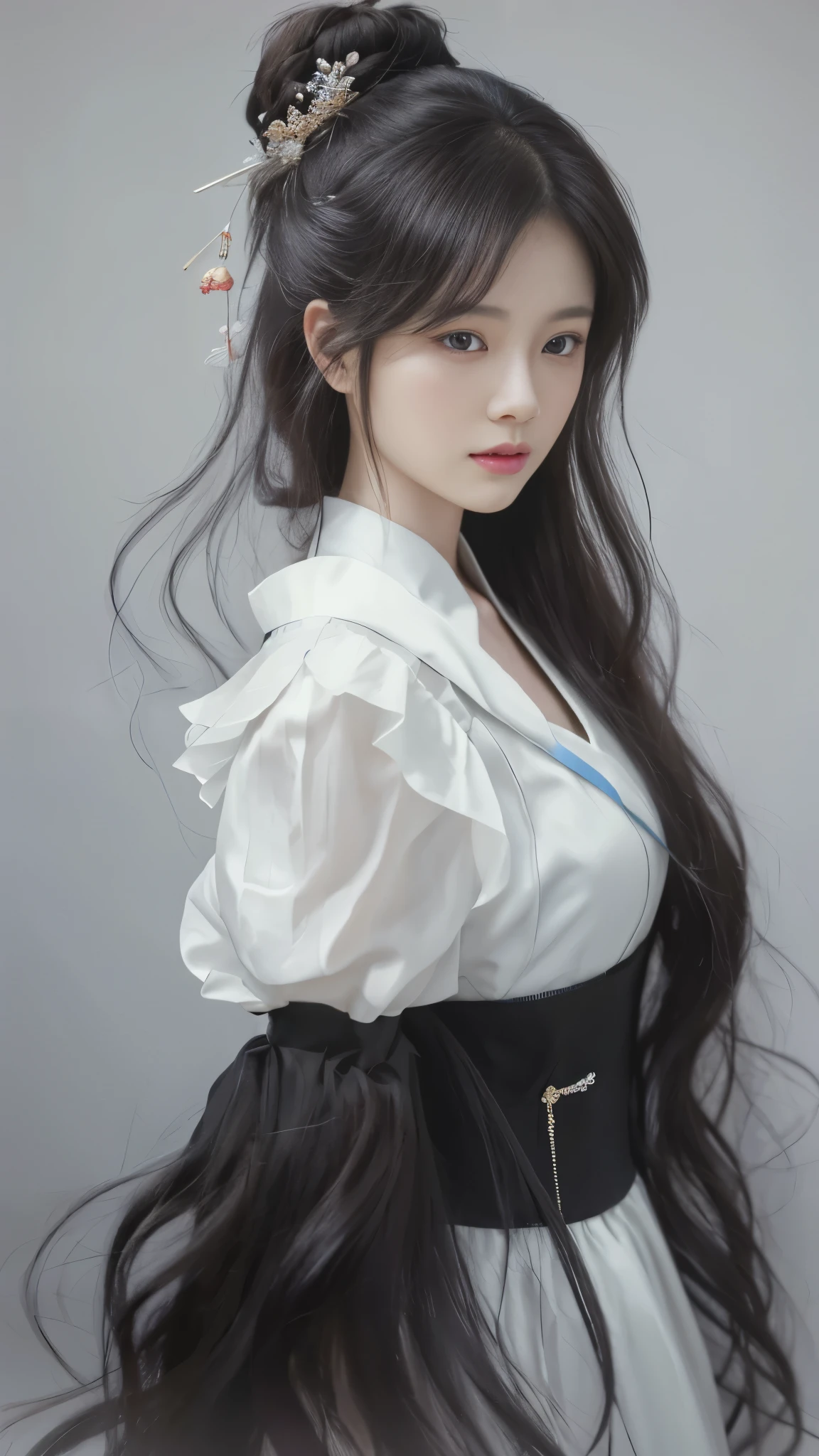 A painting，The painting shows a woman with long hair wearing a white dress, Beautiful character painting, Gu Weiss, artwork in the style of Gu Weiss, author：Yang J, author：Fan Qi, author：Zhang Han, author曾静, by Zhou Wenjing, Gu Weiss masterpiece, author：Li Song, Beautiful anime portrait, author：Ye Xin, author：Song Xu