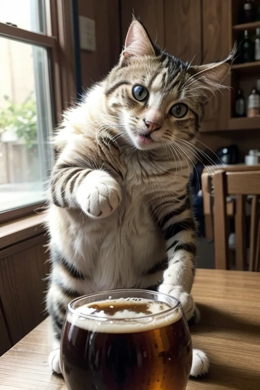 A feline sitting at a table drinking beer. The feline is smiling very happily, exaggeratedly happy.