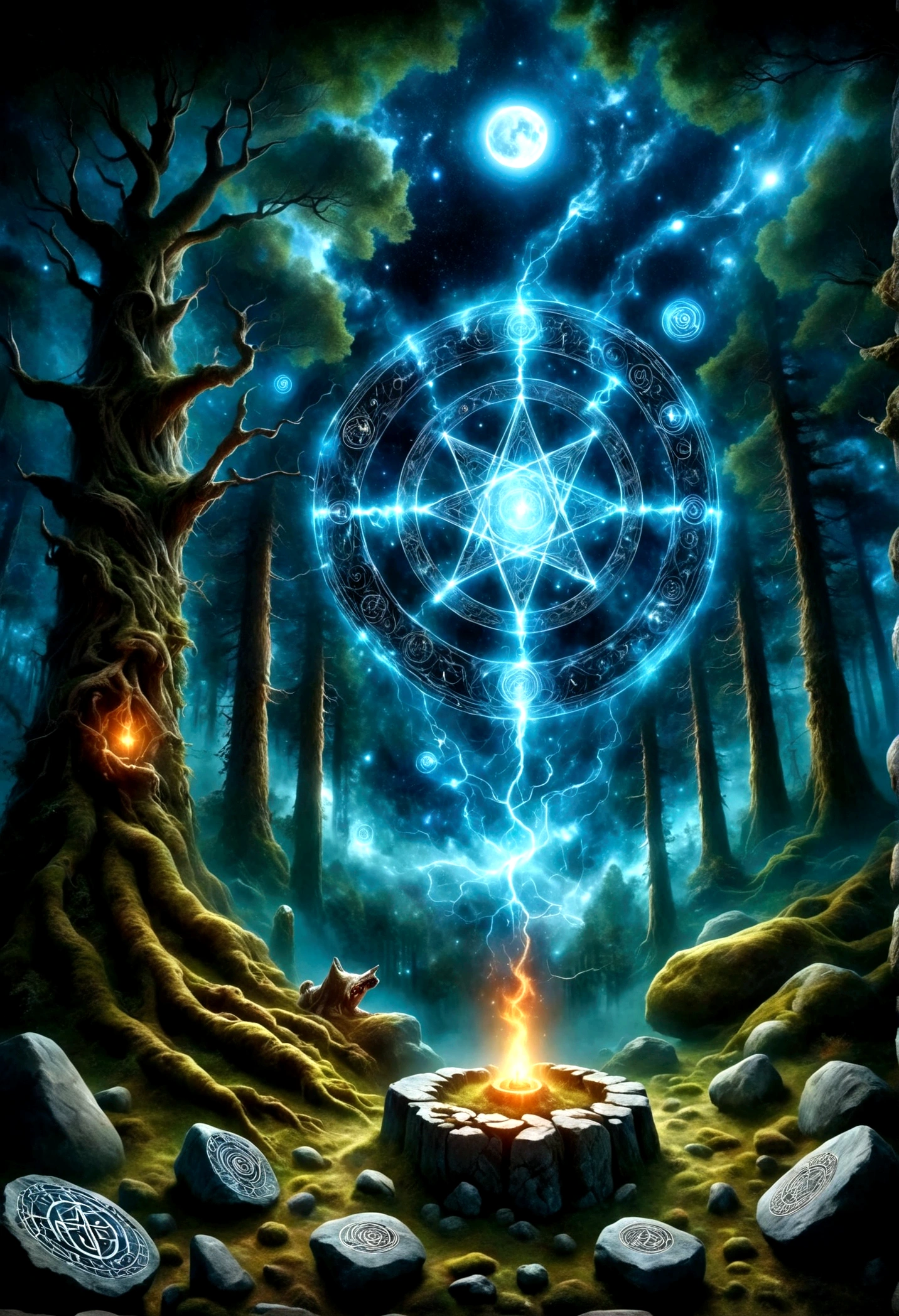 A great astrologer，（Dark Fantasy），（Ultra wide angle），In an ancient forest wasteland, The ancient stone magic circle predates all recorded history. It is composed of countless huge rocks, Each one has signs of erosion., Arranged into a perfect six-pointed star，Point to each constellation, As if connected to the power of the universe. At its center, The ground is engraved with complex runes and mysterious patterns.，In the moonlight, the light is blue, As part of the summoning ritual，It is also a container of power., Peak electricity consumption at night. The surrounding forest seemed to avoid, The branches are curved，Whisper. When the stars align on a special night, The energy of the sky resonates with the runes of the circle, Slowly open a crack，Inside is a creature with eyes like burning coals, Made of darkness and fear, Get out, Every step you take，The earth will tremble. This scene depicts a mysterious and dangerous moment，An ancient magic circle summons an entity under the watchful eyes of the ancient forest.，(masterpiece，best quality，Ultra HD，Extremely detailed，illumination）