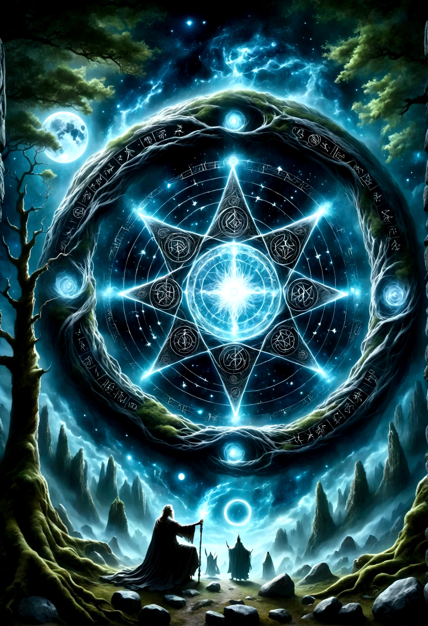 A great astrologer，（Dark Fantasy），（Ultra wide angle），In an ancient forest wasteland, The ancient stone magic circle predates all recorded history. It is composed of countless huge rocks, Each one has signs of erosion., Arranged into a perfect six-pointed star，Point to each constellation, As if connected to the power of the universe. At its center, The ground is engraved with complex runes and mysterious patterns.，In the moonlight, the light is blue, As part of the summoning ritual，It is also a container of power., Peak electricity consumption at night. The surrounding forest seemed to avoid, The branches are curved，Whisper. When the stars align on a special night, The energy of the sky resonates with the runes of the circle, Slowly open a crack，Inside is a creature with eyes like burning coals, Made of darkness and fear, Get out, Every step you take，The earth will tremble. This scene depicts a mysterious and dangerous moment，An ancient magic circle summons an entity under the watchful eyes of the ancient forest.，(masterpiece，best quality，Ultra HD，Extremely detailed，illumination）