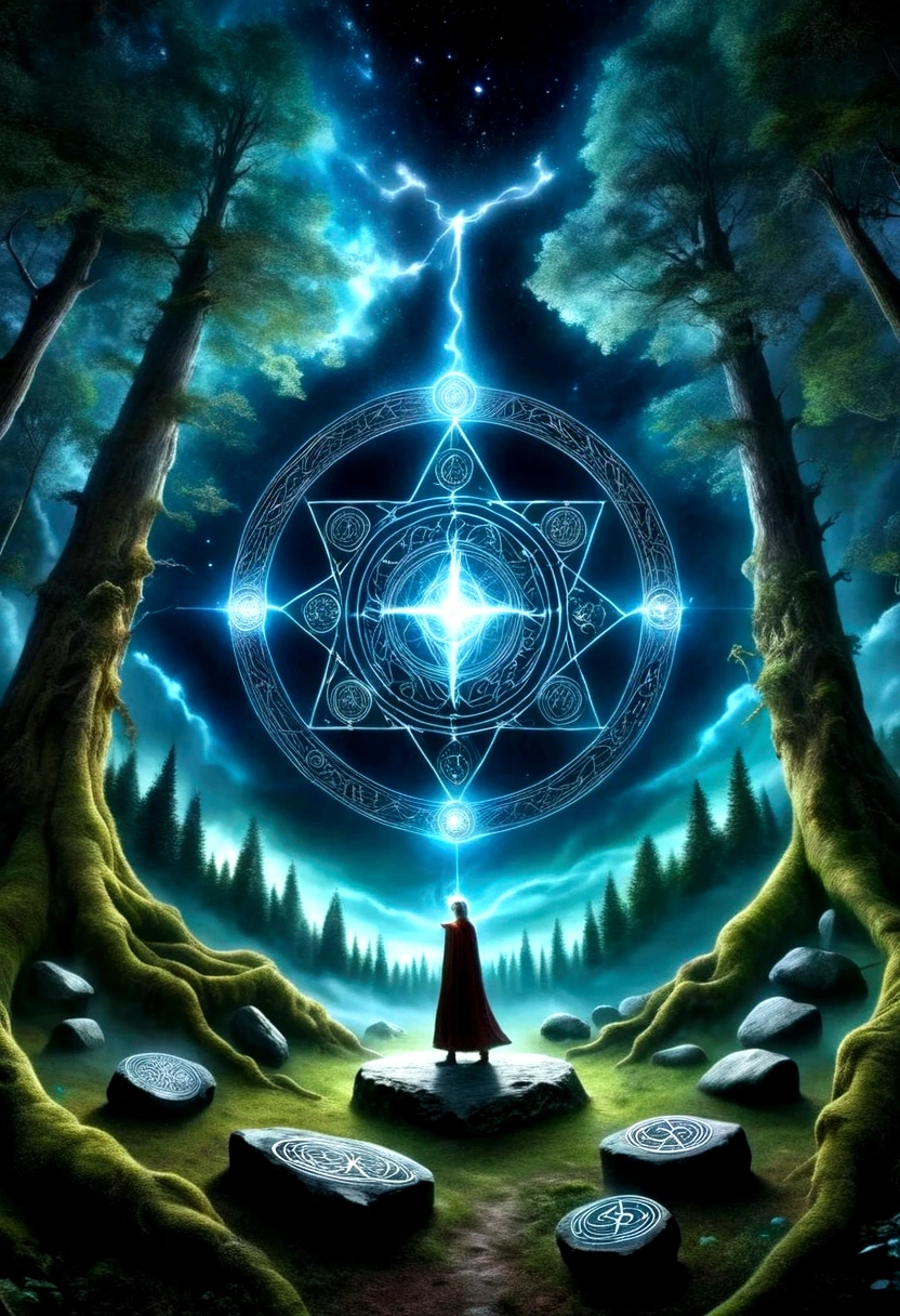 A great astrologer，（Dark Fantasy），（Ultra wide angle），In an ancient forest wasteland, The ancient stone magic circle predates all recorded history. It is composed of countless huge rocks, Each one has signs of erosion., Arranged into a perfect six-pointed star，Point to each constellation, As if connected to the power of the universe. At its center, The ground is engraved with complex runes and mysterious patterns.，In the moonlight, the light is blue, As part of the summoning ritual，It is also a container of power., Peak electricity consumption at night. The surrounding forest seemed to avoid, The branches are curved，Whisper. When the stars align on a special night, The energy of the sky resonates with the runes of the circle, Slowly open a crack，Inside is a creature with eyes like burning coals, Made of darkness and fear, Get out, Every step you take，The earth will tremble. This scene depicts a mysterious and dangerous moment，An ancient magic circle summons an entity under the watchful eyes of the ancient forest.，(masterpiece，best quality，Ultra HD，Extremely detailed，illumination）