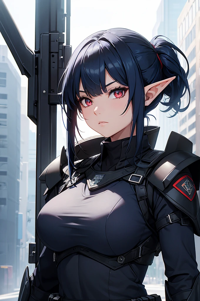 Create a high-quality image featuring an elf girl with dark navy-blue hair and straight bangs, and red eyes. She is a member of a police special forces unit, wearing black and blue body armor. She is in an aggressive pose with an aggressive expression. The background depicts a city inside a dome, with a black armored vehicle next to her. Emphasize that she is an elf girl.カメラを見ない
