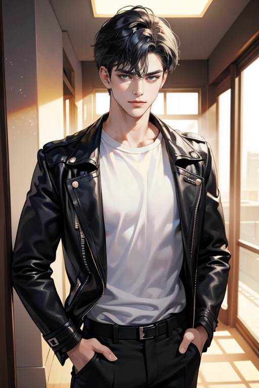 (tmasterpiece, high resolution, ultra - detailed:1.0), (1 boy, Young male, masculine face), Perfect male body, Adult male, Delicate eyes and delicate face, Extremely detailed CG, Unity 8k wallpaper, Complicated details, Detailed face, (short dark blue hair, messy hair, serious faces, white T-shirt,Bad students), (frown, smile in love:1.3), hand in pocket, school corridor,black leather jacket, color difference, Depth of field, dramatic shadow, Ray tracing, Best quality, Cinematic lighting, offcial art,Portrait