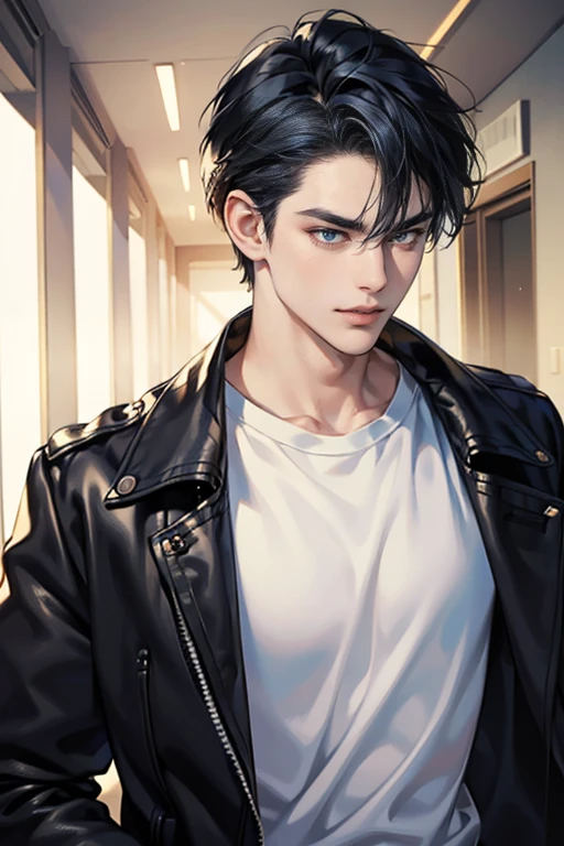 (tmasterpiece, high resolution, ultra - detailed:1.0), (1 boy, Young male, masculine face), Perfect male body, Adult male, Delicate eyes and delicate face, Extremely detailed CG, Unity 8k wallpaper, Complicated details, Detailed face, (short dark blue hair, messy hair, serious faces, white T-shirt,Bad students), (frown, smile in love:1.3), hand in pocket, school corridor,black leather jacket, color difference, Depth of field, dramatic shadow, Ray tracing, Best quality, Cinematic lighting, offcial art,Portrait