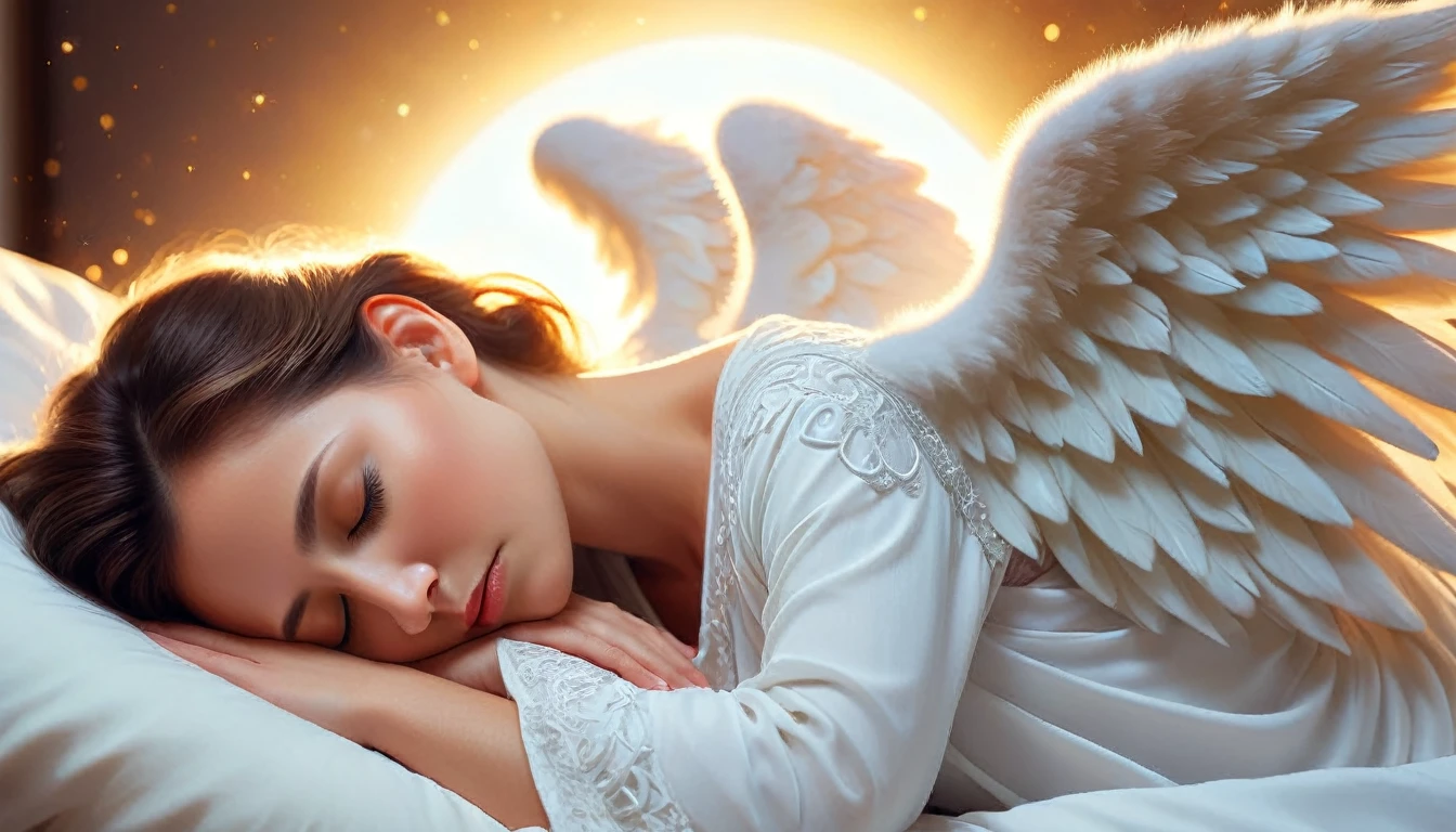 (best quality,4k,highres),mother and  sleeping,angel protector,peaceful atmosphere,soft lighting,tender bond,serene,watchful eyes,sleeping innocence,motherly love,angelic wings,lullaby in the air,blissful dreams,calm and soothing,angelic presence,guardian spirit,eternal love,protective embrace,gentle touch,peaceful sleep,tranquil scene,luminous glow,ecstasy of slumber,supreme serenity,dreamlike warmth,unconditional love,cherished moments,safe and secure,heavenly protection,mother's touch,sacred connection,celestial guardian,eternal bond,inner peace,mother's love,heavenly peace,everlasting serenity