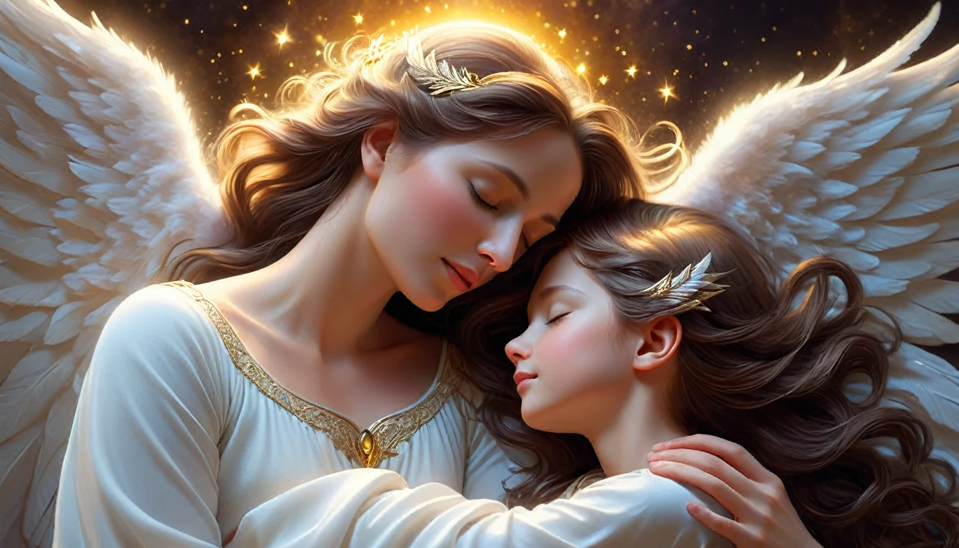 (best quality,4k,highres),mother and  sleeping,angel protector,peaceful atmosphere,soft lighting,tender bond,serene,watchful eyes,sleeping innocence,motherly love,angelic wings,lullaby in the air,blissful dreams,calm and soothing,angelic presence,guardian spirit,eternal love,protective embrace,gentle touch,peaceful sleep,tranquil scene,luminous glow,ecstasy of slumber,supreme serenity,dreamlike warmth,unconditional love,cherished moments,safe and secure,heavenly protection,mother's touch,sacred connection,celestial guardian,eternal bond,inner peace,mother's love,heavenly peace,everlasting serenity