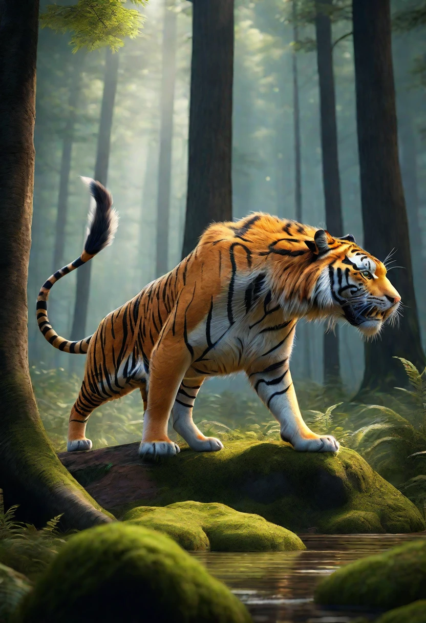 There is a wild beast in the forest,The tail of the cow,The body of a tiger(best quality,4K,8K,High level,masterpiece:1.2),Ultra Detailed,(lifelike,Photo real,Photo real:1.37),Highly detailed animals,Realistic lighting,Fantasy Creatures