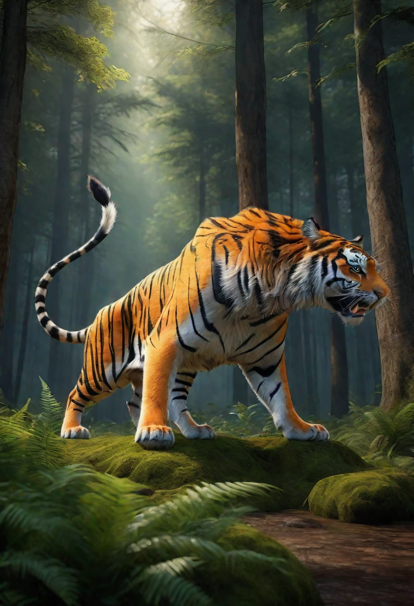 There is a wild beast in the forest，The tail of the cow，The body of a tiger（best quality，4K，8K，High level，masterpiece：1.2），Ultra Detailed，（lifelike，Photo real，Photo real：1.37），Highly detailed animals，Realistic lighting，Fantasy Creatures