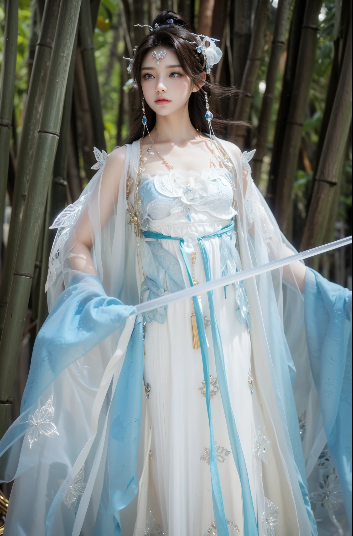 Game Art，Best image quality，Maximum resolution，8K，(A bust photo)，(portrait)，(Head close-up)，(Rule of Thirds)，Unreal Engine 5 rendering works，20 year old girl，((Queen))，The eyes are very detailed，(Large Breasts)，Elegance and nobility，Light，Light线追踪，Game CG，((3D Unreal Engine))，OC rendering reflection mode，4K，Ultra-clear，Sensual，Translucent lace，Fair and plump figure，Pretty Face，Light泽凝胶涂层，身着华贵礼服的Queen，Crystal Gem Crown，Necklace jewelry，blue eyes，The tattoo is very three-dimensional，Gorgeous and intricate tattoo designs，Ultra-clear portrait，Sexy body，Temple Princess，Sapphire eyes，Fine gold and diamond jewellery，Luxurious jewelry，Wearing diamond gemstone jewelry，Gorgeous jewelry all over the body，Pearl Necklace，Diamond Dress，Chinese Hanfu long dress，Holding a sword Frost Sword