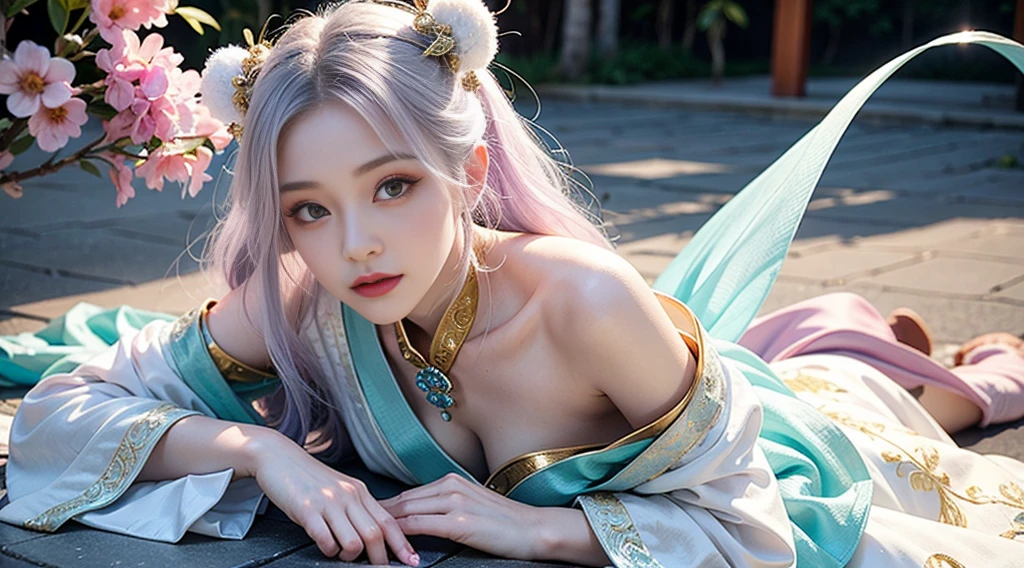 Close-up of woman in costume，Beautiful celestial magician，Amazing young ethereal figure，shaxi，Flowing magic robe，White Hanfu，xianxia fantasy，belle delphine，Ethereal fantasy，Elegant and charming role play，Half lying on the ground，Feminine and colorful，It&#39;s a mess，Night view，Lots of neon