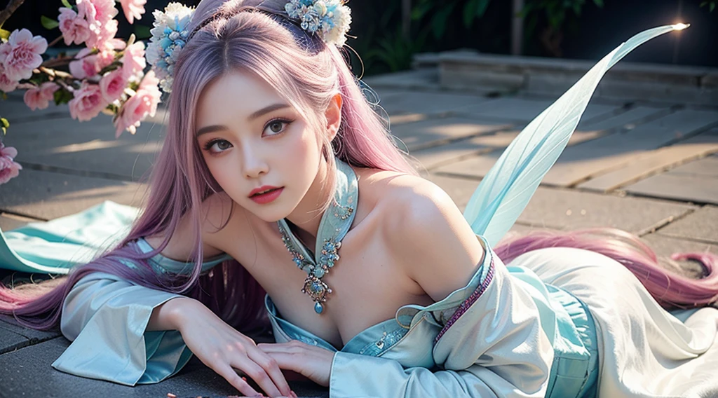 Close-up of woman in costume，Beautiful celestial magician，Amazing young ethereal figure，shaxi，Flowing magic robe，White Hanfu，xianxia fantasy，belle delphine，Ethereal fantasy，Elegant and charming role play，Half lying on the ground，Feminine and colorful，It&#39;s a mess，Night view，Lots of neon