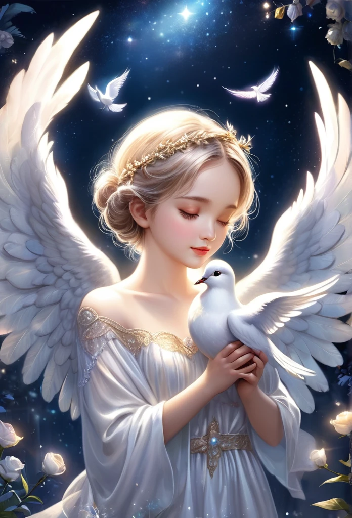  (abot 4 years)angel, delicate angel wings,knelling,bright night,holdin a dove, Magic background(refined details),(art work),(high quality)