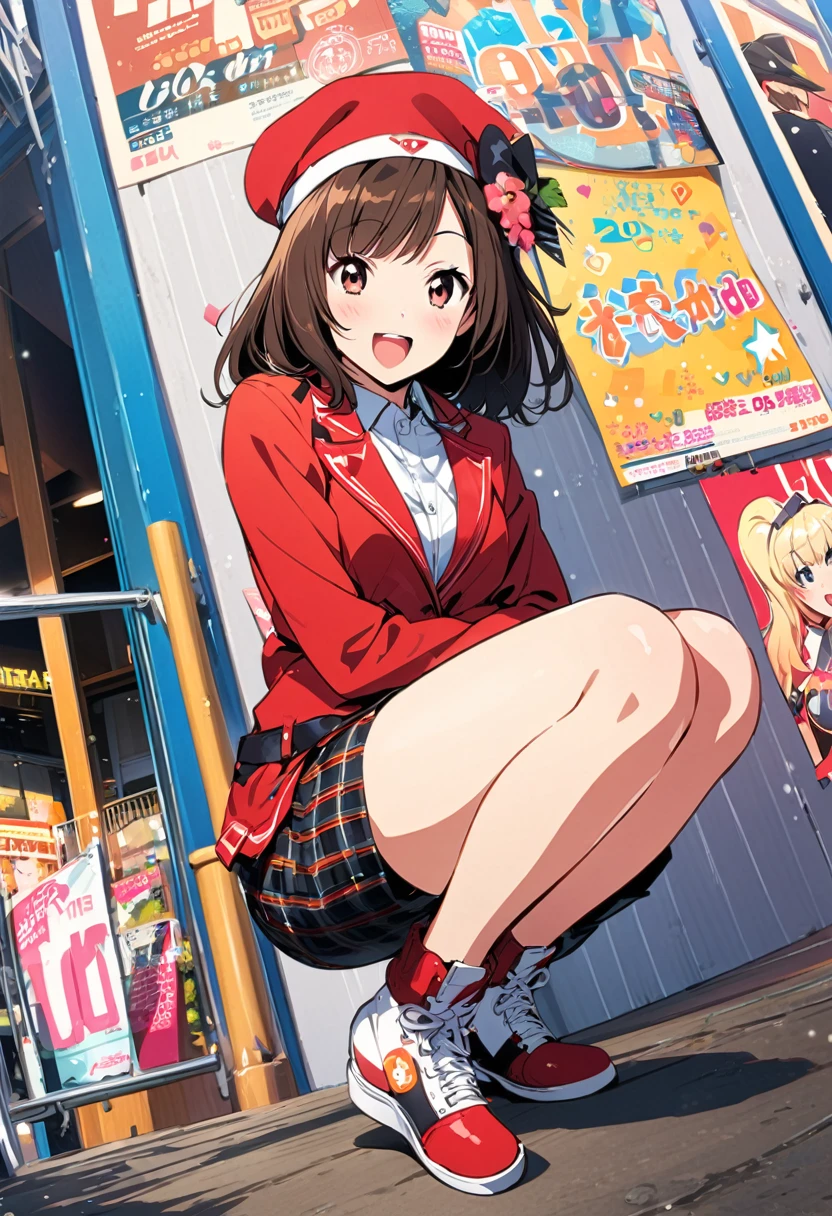 Year 2000, Alternate Fashion, 1 girl, Bro, illustration, Poster, idol, squat, fisheye lens