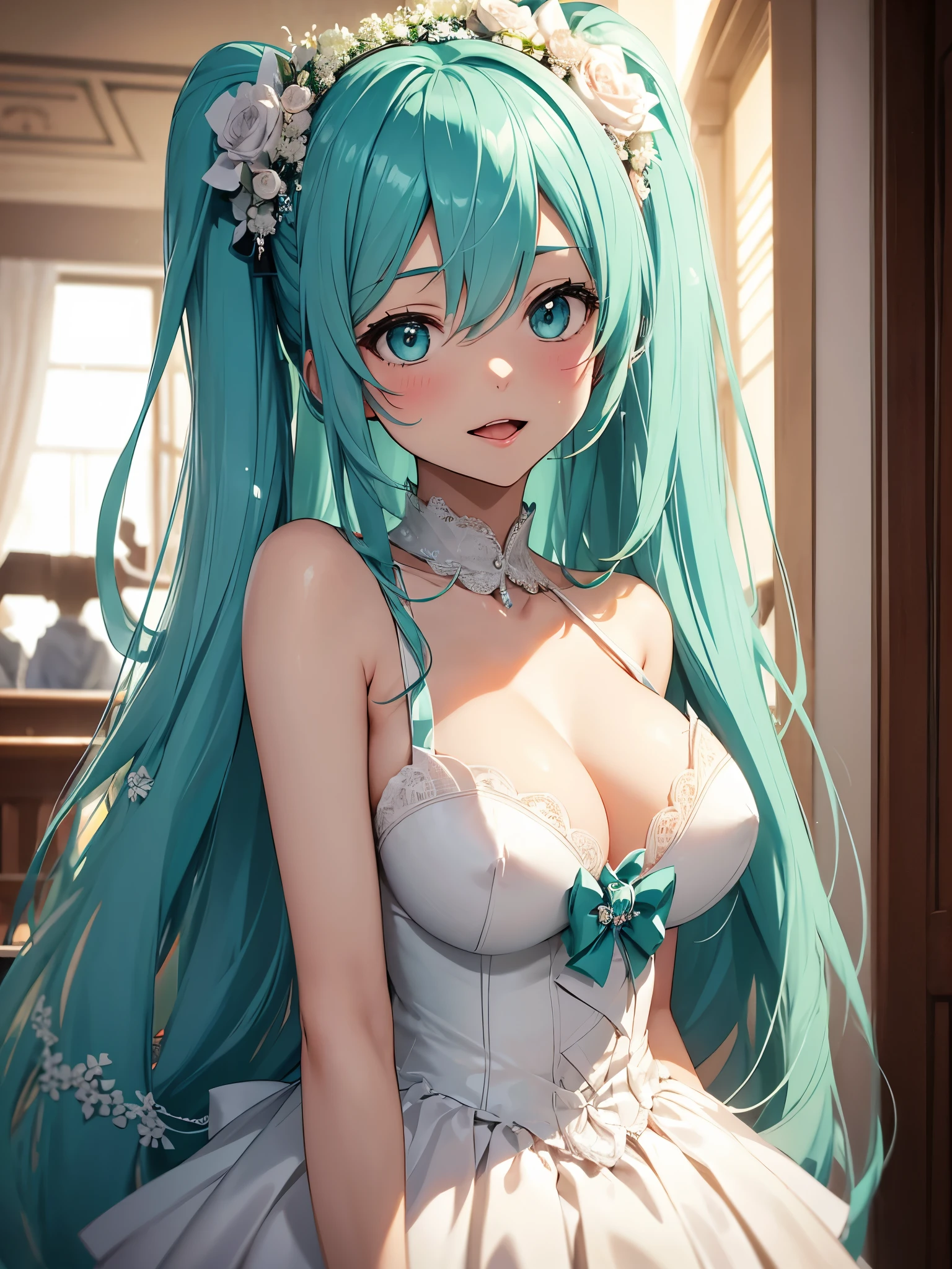 hatsune miku, very shame, very cute, wedding dress, holding a bouquet, showing the tongue, big tits
