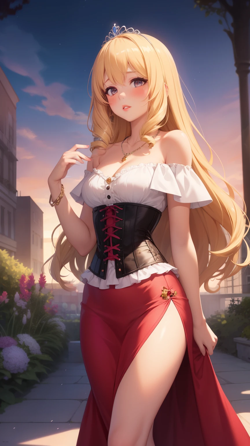 masterpiece, best quality, 1girl, very curly hair, blonde hair, shiny hair, tiara, diadem, medium breasts, glossy lips, good lighting, latifa fleuranza, lips parted, blush, standing, city, garden, corset, off the shoulder, long skirt, one side slit, jewelry, necklace