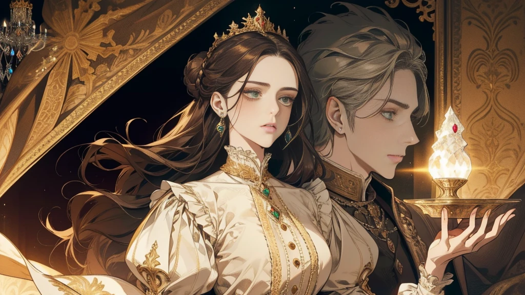 fantasy, 19th century, one, empress, woman, gentle face, dark hair, collected in a bun, green eyes, in a white royal outfit, national closed European clothing, fully enclosed clothing, Gold patterns on fabric, Crystal jewelry, Gothic white stone castle in the background, world, is, A high resolution, calm arrogant face, arrogance