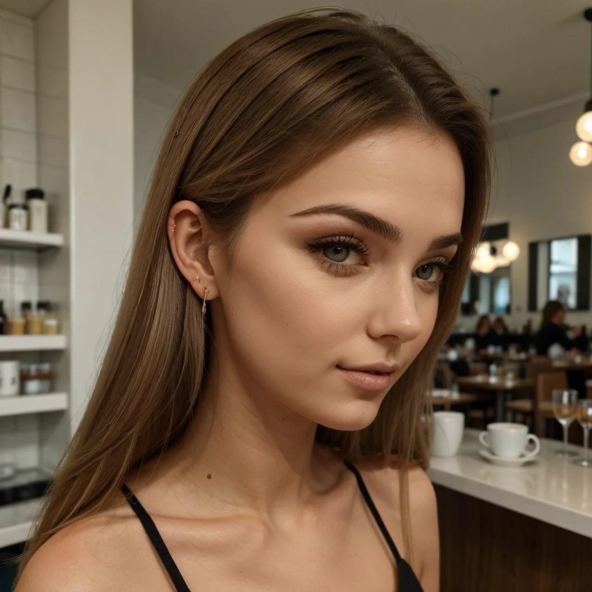 une femme brune de 20 ans, qui a un visage très naturel, Lèvres fines, Yeux fins, sourcils fins, nez mince, boucles d'oreilles, Cils longs. Elle fait un joli selfie dans un café beurette sexy