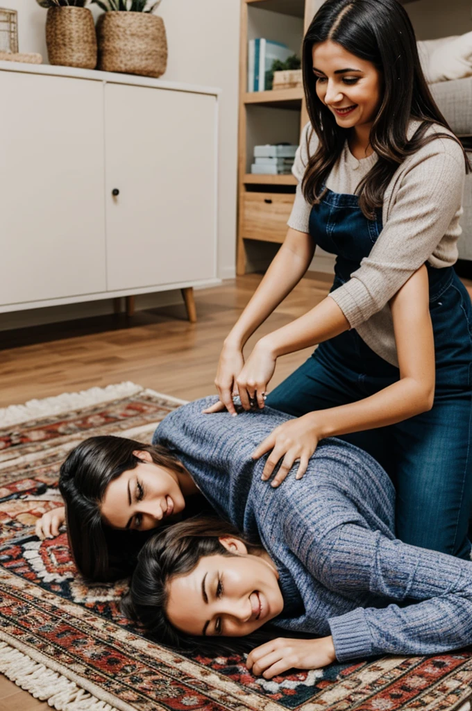 Woman wrapping her friend in a rug to play a joke 