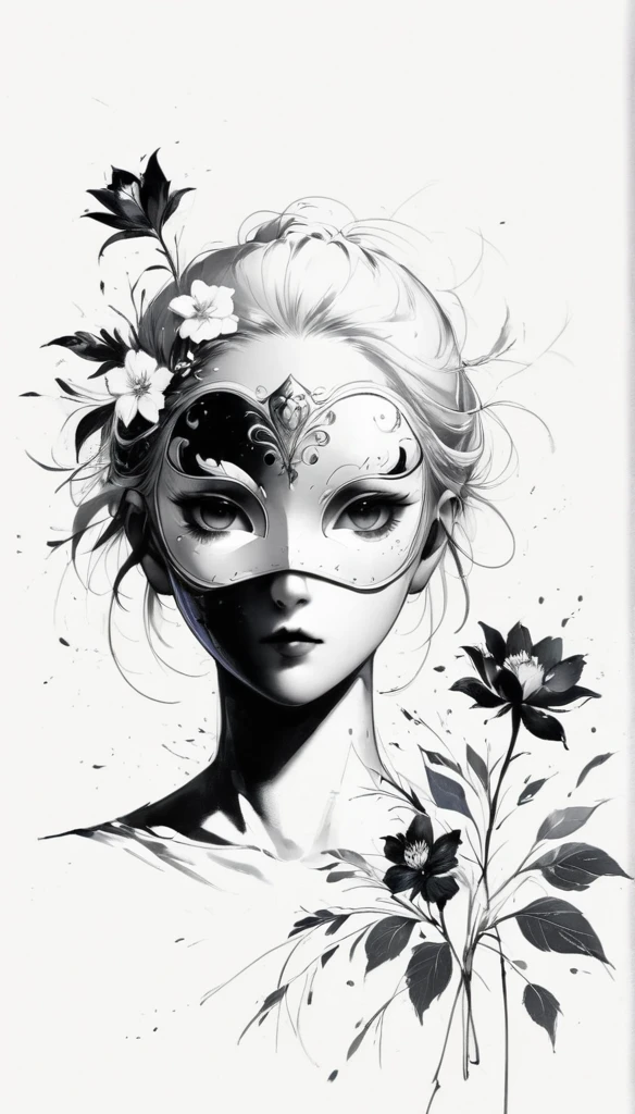 (Anime line drawing:1.5),black and white painting,Minimalism,line art,sketch,Charcoal drawing,mask,flower