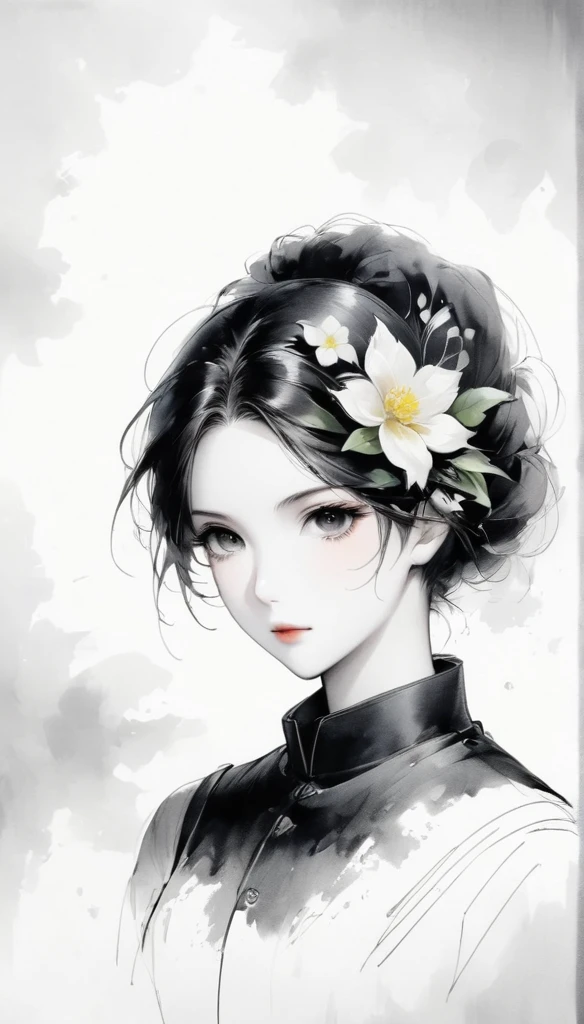 (Anime line drawing:1.5)，black and white painting，Minimalism，line art，sketch，Charcoal drawing，mask，flower