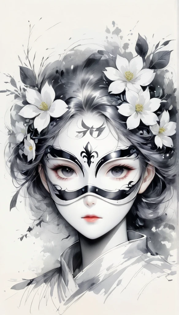 (Anime line drawing:1.5),black and white painting,Minimalism,line art,sketch,Charcoal drawing,mask,flower