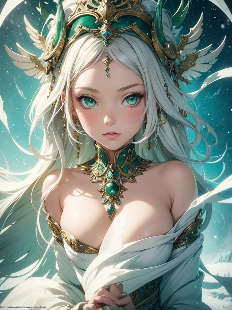 Vintage style fantasy, masterpiece, Great art, Highest quality, One girl, Close-up Girl Nordic Princess, Scandinavian Mountains々, Winter Weather, Symmetrical and highly detailed face, Peach silky silky skin, Vivid and aggressive green eyes, White, messy hair down to her waist, Sculptural body, (spark: 0.7), Adobe Illustration, Artstation&#39;s Trand, 8K, High resolution, 超High resolution, Cold and soft lighting,  --q 500 --s 100, -