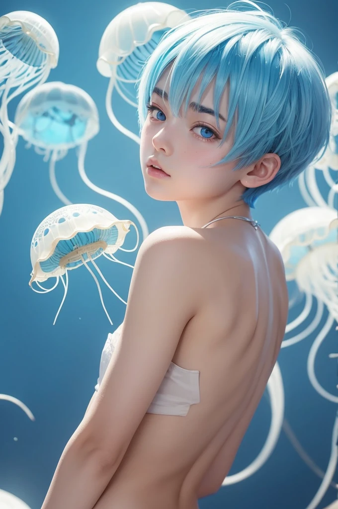 make a picture, anime boy character with white jellyfish style hair cut like a short hair from the back of the head longer than the other parts of the hair to the neck, bangs falling over the eyebrows, light blue eyes, skin.